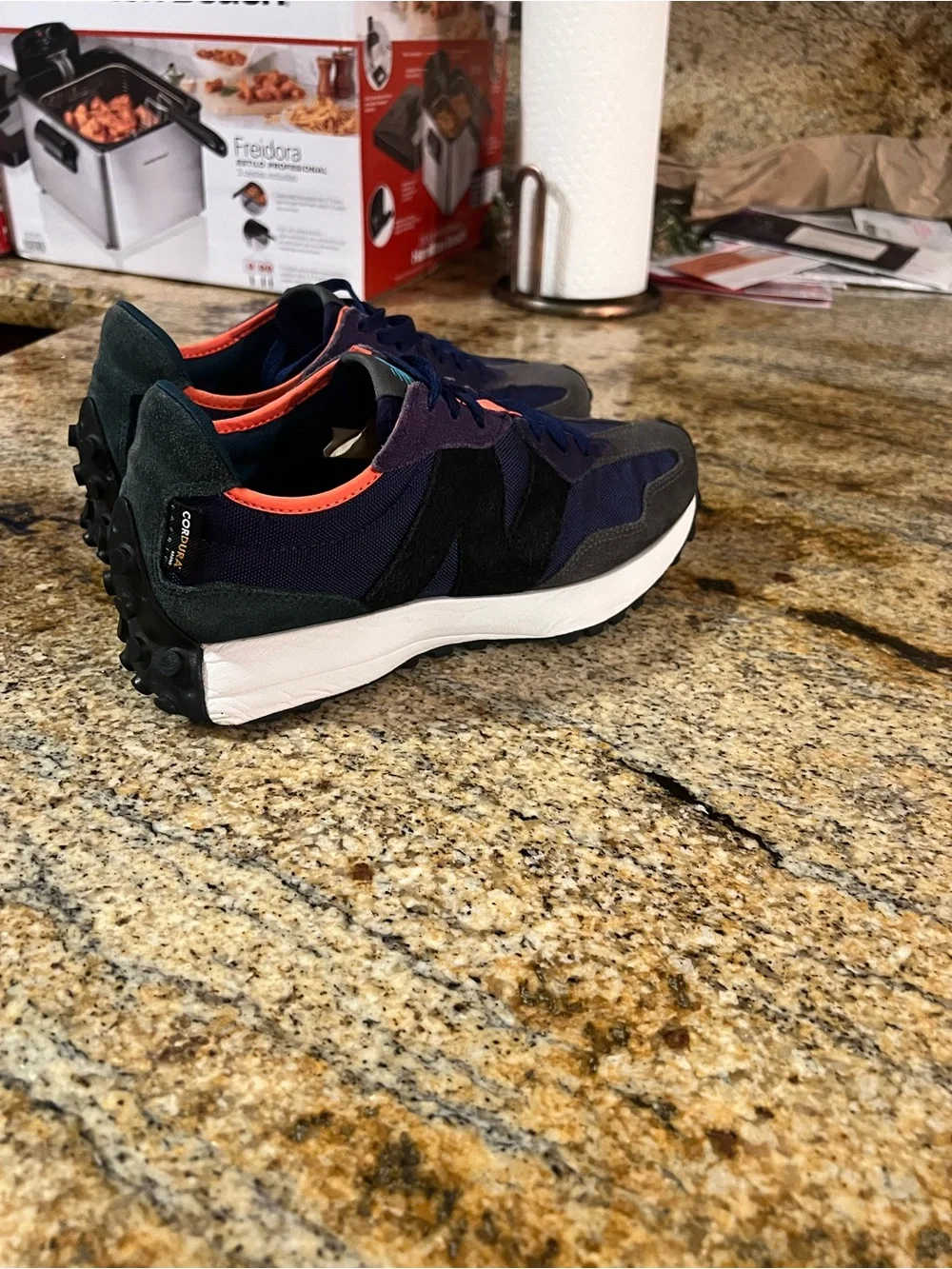 New Balance navy, gray & black sneakers with coral trim